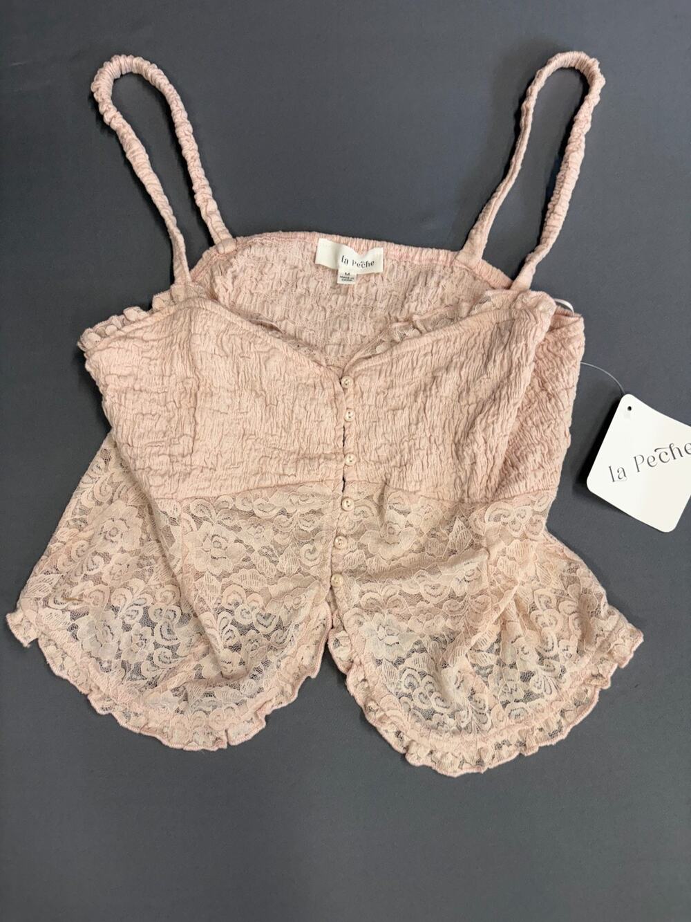 NEW La Peche Cream Lace Smocked Camisole Button Front Tank Top Pink Sleeveles MD